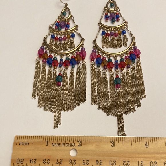 Large Multi Tier Chain Tassel Colorful Bead Boho Earrings - Picture 11 of 13